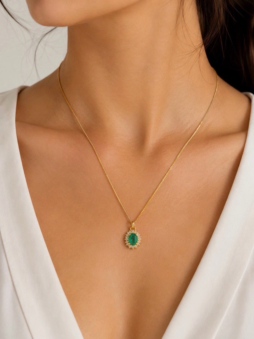 14K Gold Filled Emerald Green CZ Halo Pendant Necklace 18”